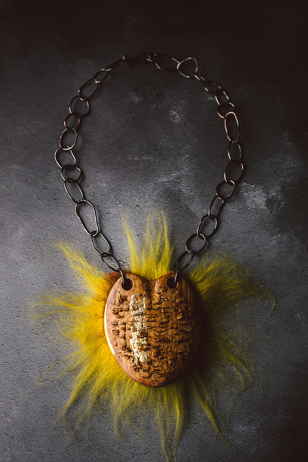 Dechrau Necklace: Silver, windfallen Beech, wool, gold leaf