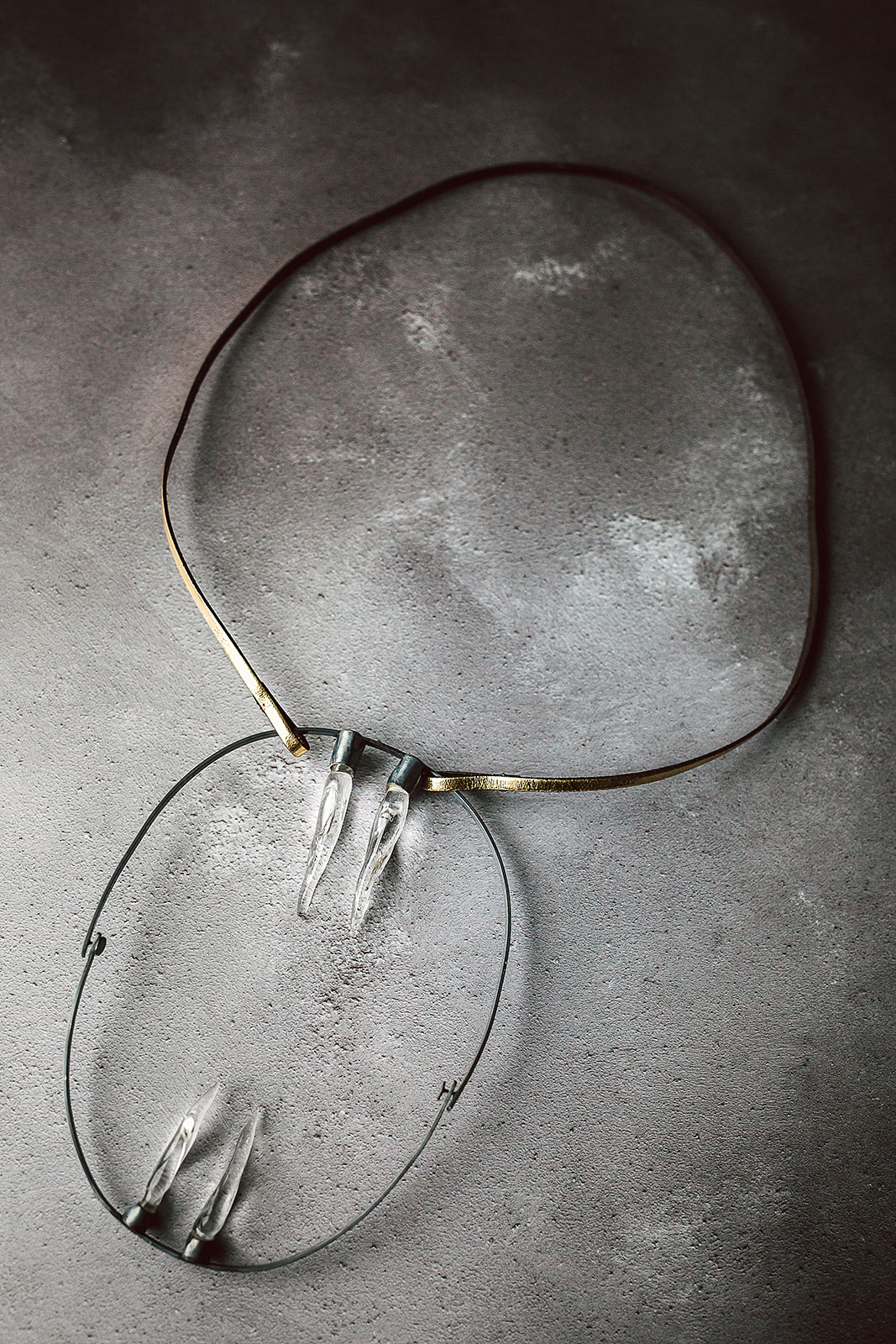 Gwawr Neckpiece.  Leather, silver, glass