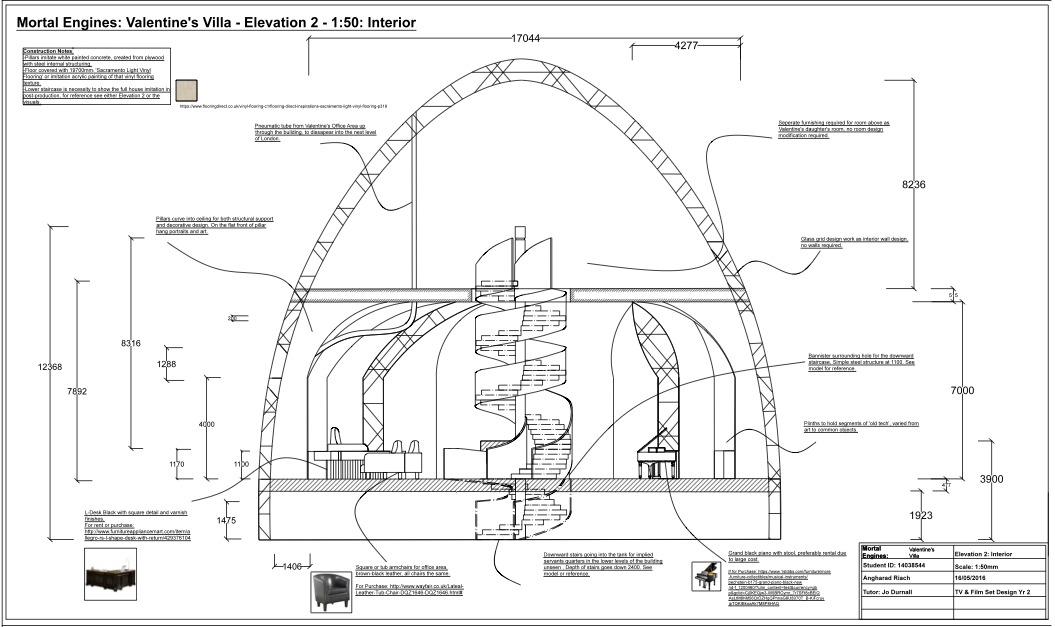 A technical drawing of a set for Mortal Engines in a University Project