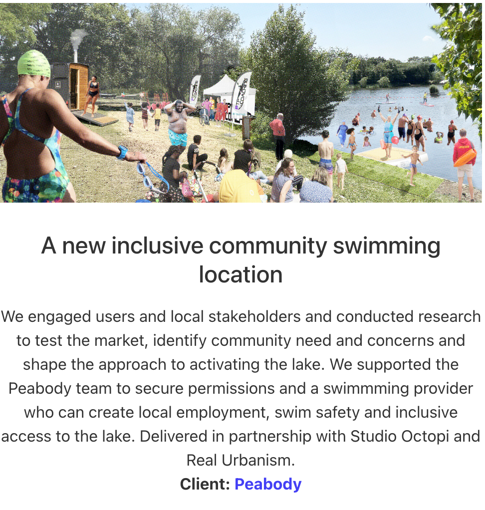 Photomontage showing swimming in Birchmere lake and text below describing our work to help establish a new swimming lake to increase health, employment and water safety for residents of Thamesmead