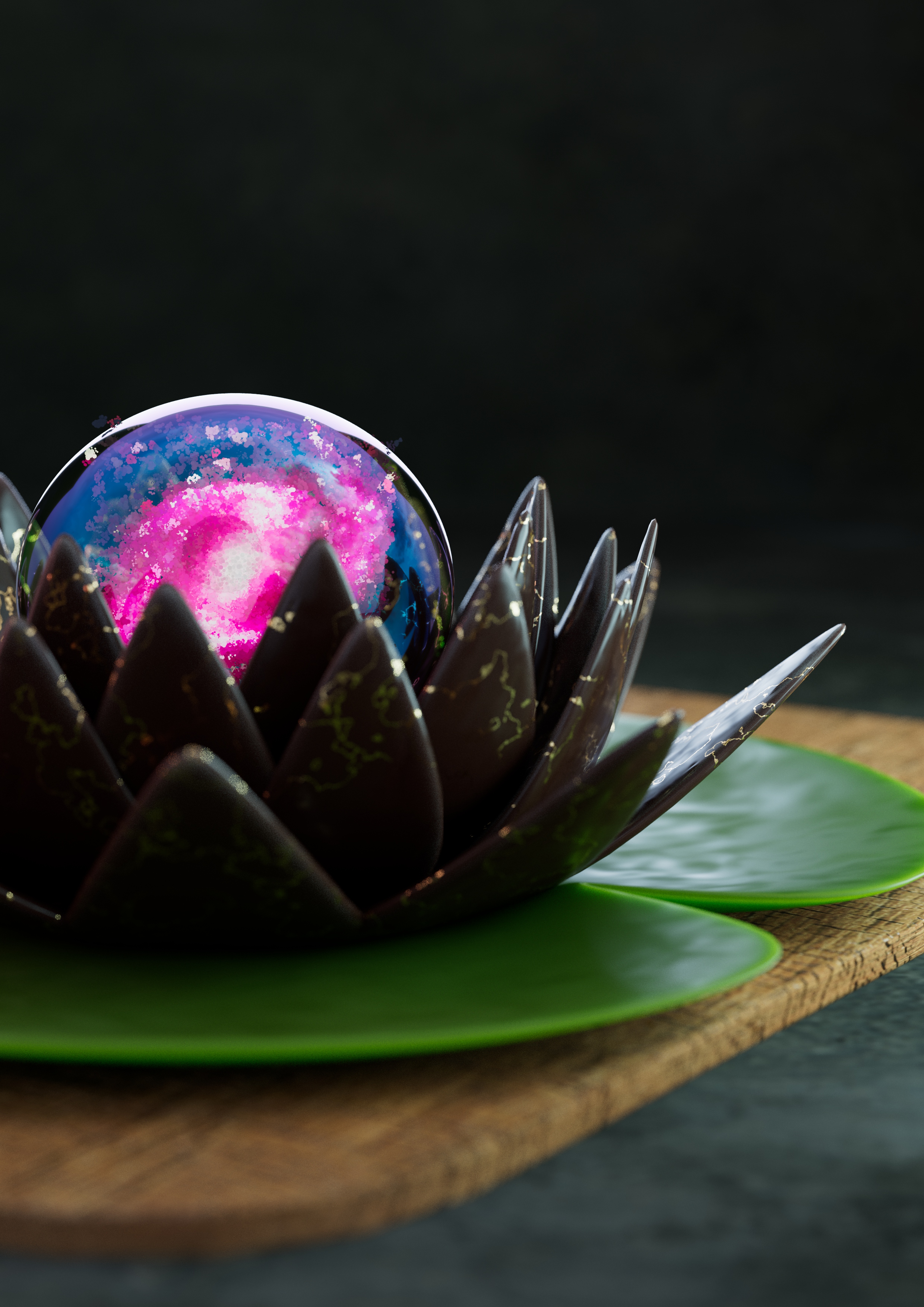 A CG model of a chocolate lotus dessert