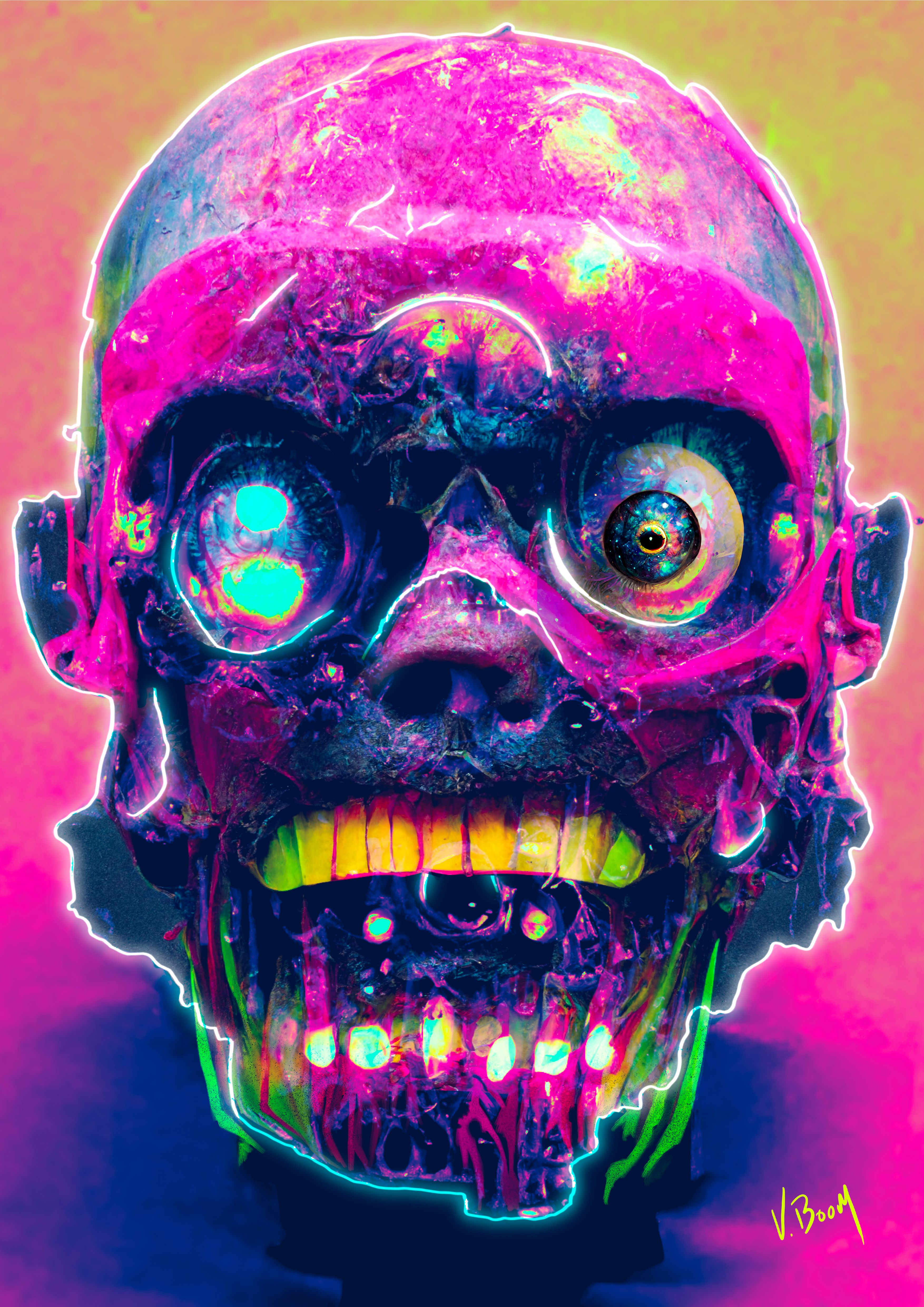 Second Death, A3 art print by Von Boom. This electrifying piece fuses neon cyberpunk aesthetics with grotesque horror, featuring a hyper-detailed decaying skull rendered in surreal, high-contrast pinks, purples, and yellows. It’s intense, unnerving, and impossible to ignore.  Perfect for fans of dark surrealism, digital horror, and underground graphic art.