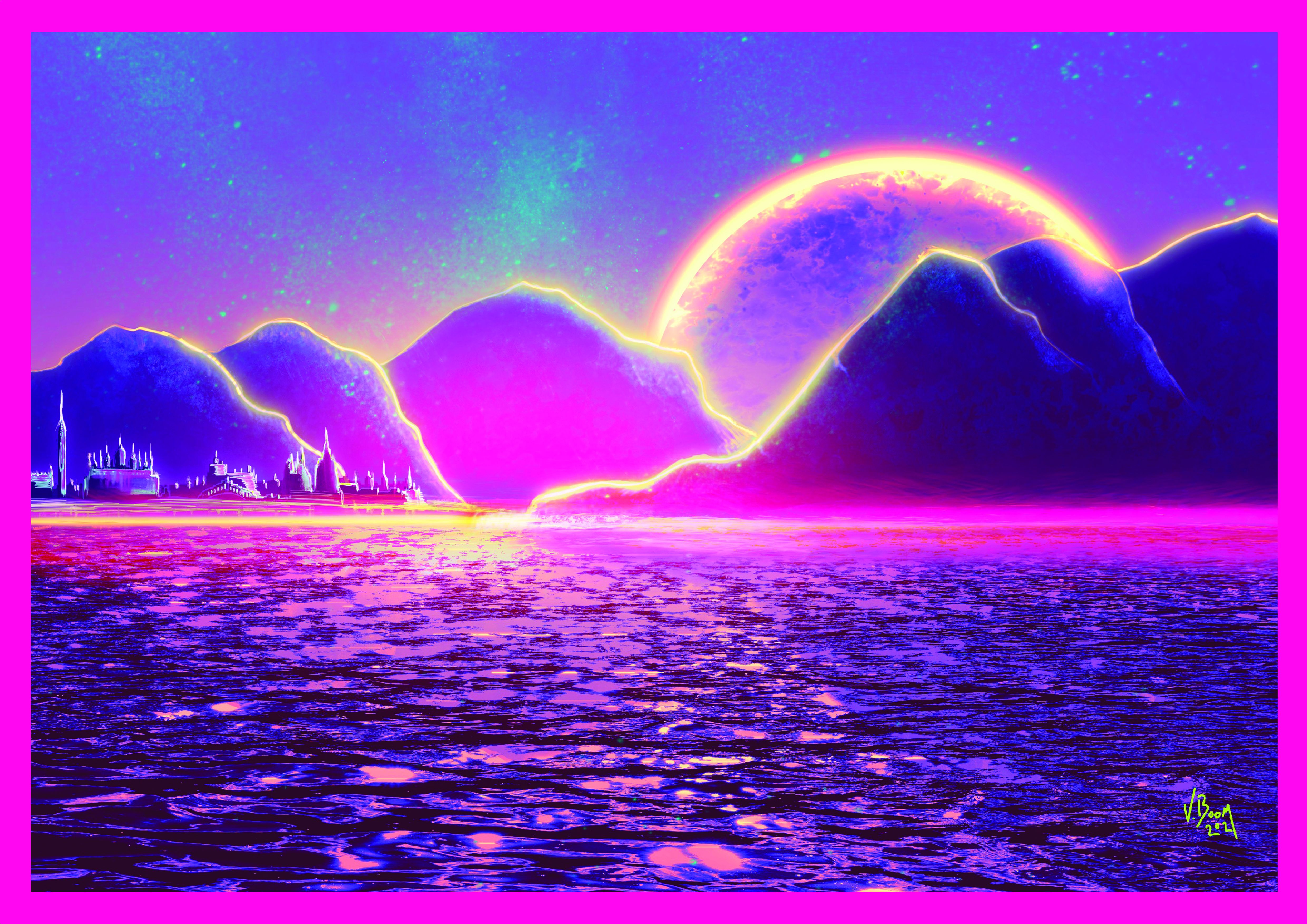 Syrtis Major, A3 art print featuring surreal alien seascape, radiant mountains lit by a colossal planetary body, and a distant glowing city reminiscent of space-age utopias. Inspired by retro sci-fi, neon dreamscapes, and vaporwave aesthetics.