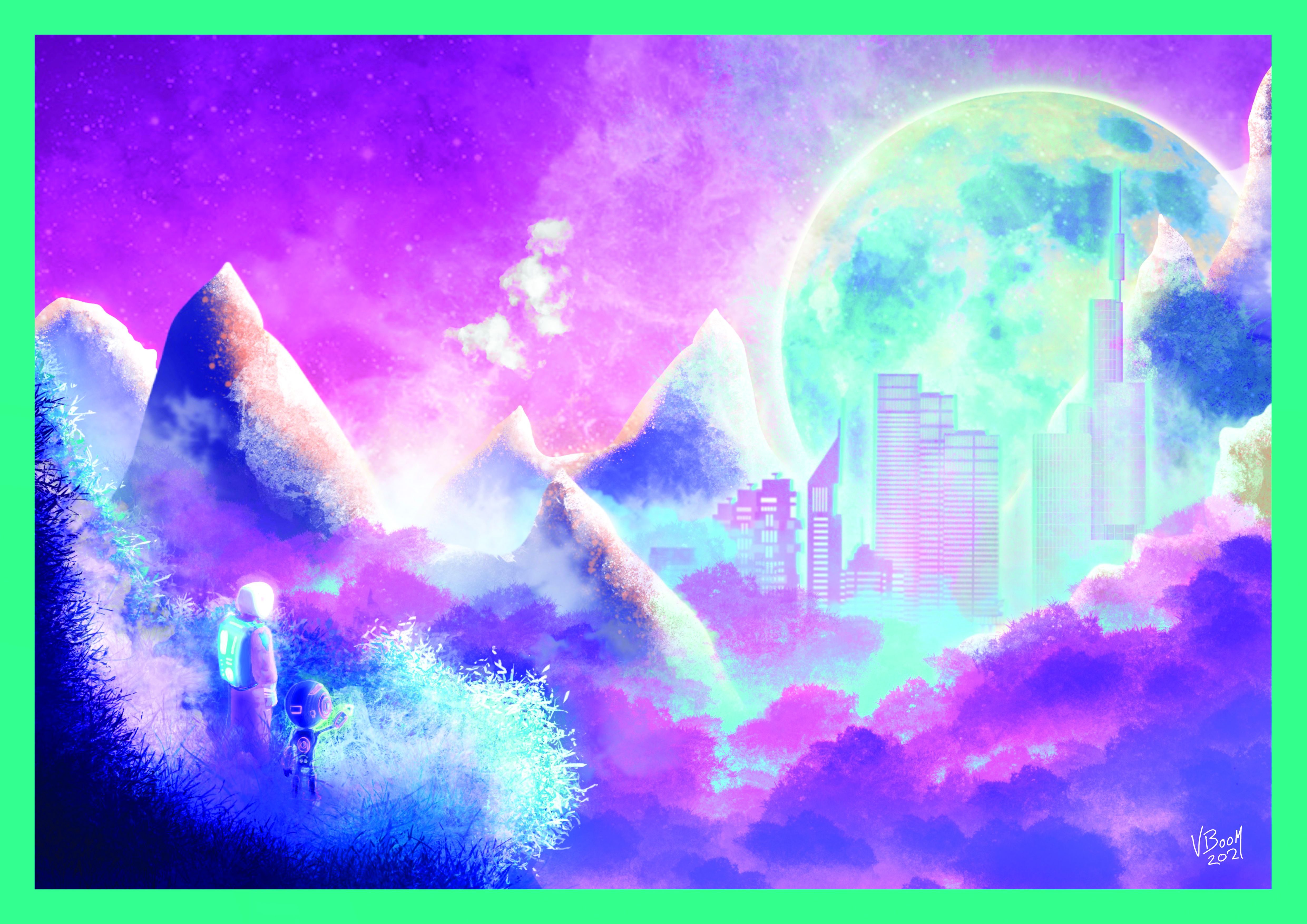 New Beginnings, A3 art print by Von Boom, that captures the serene beauty of a pastel galaxy landscape. Featuring two astronauts encountering alien life amidst towering mountains, soft clouds, and a distant futuristic city bathed in the glow of a colossal moon.