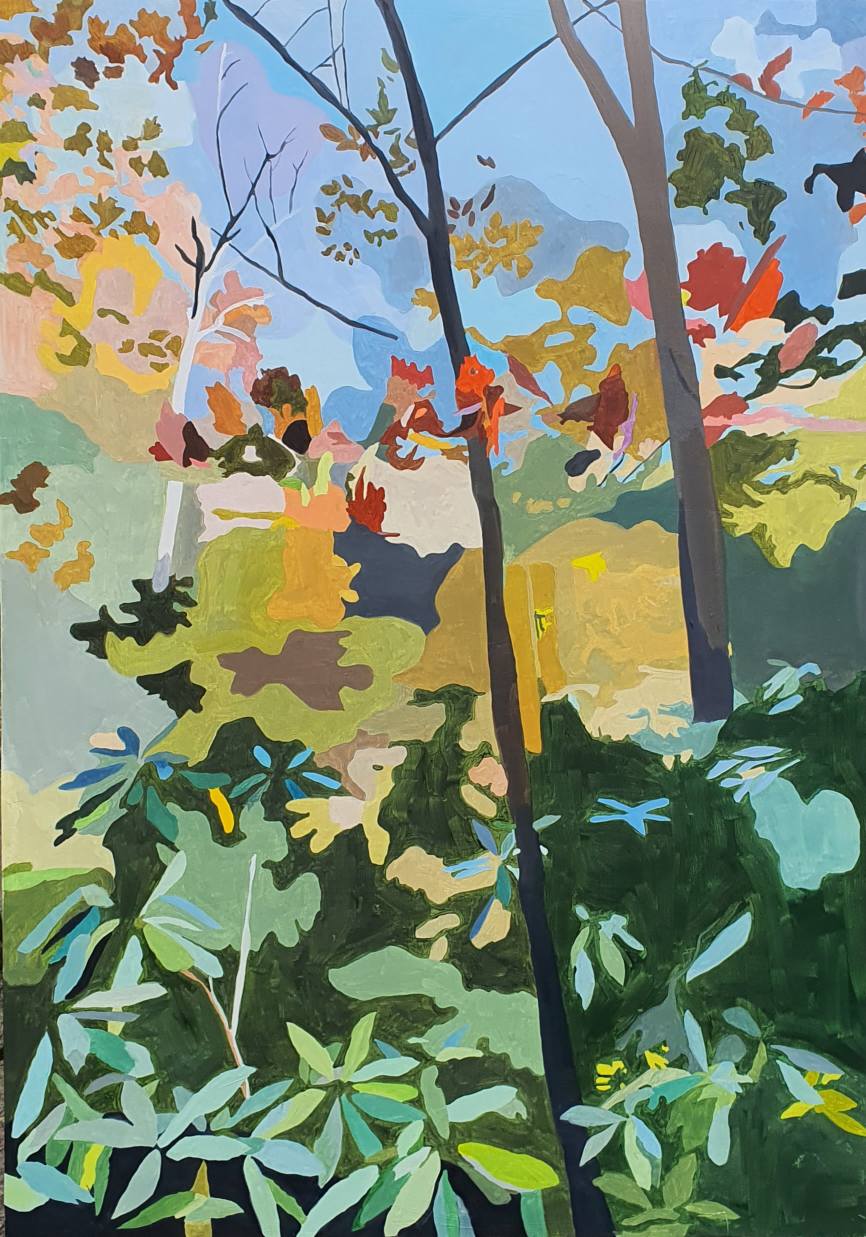 Fallingwater, autumnal landscape, oil painting by Jen Maidment 