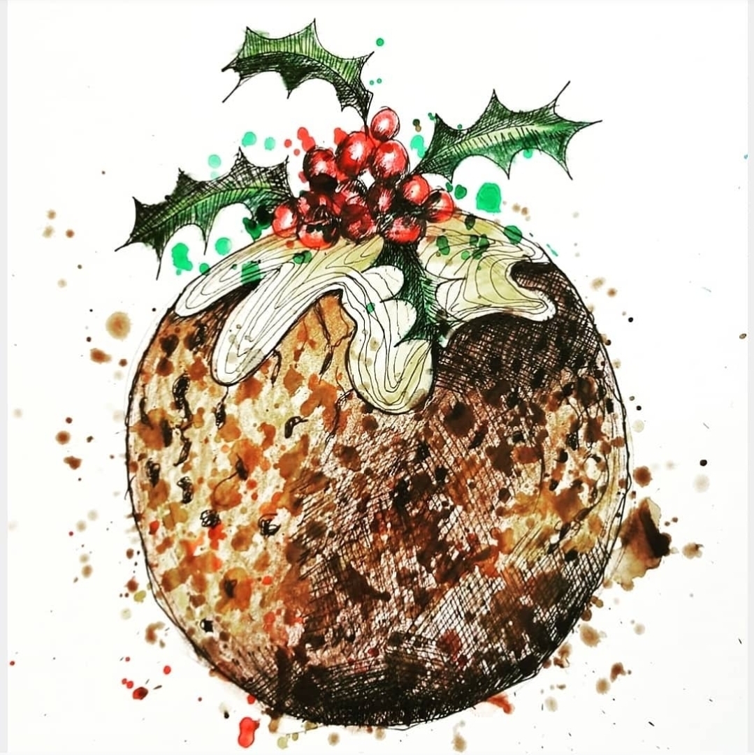 Lively watercolour of a Festive Christmas pudding with sprig of Holly on top. 
