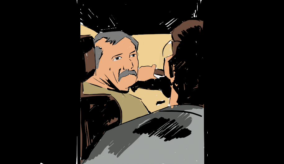 Taxi Scene”  This shot shows the protagonist mid-conversation in a taxi. I used a retro comic-inspired style to give the scene a nostalgic, cinematic feel and to highlight the quiet tension between the characters.