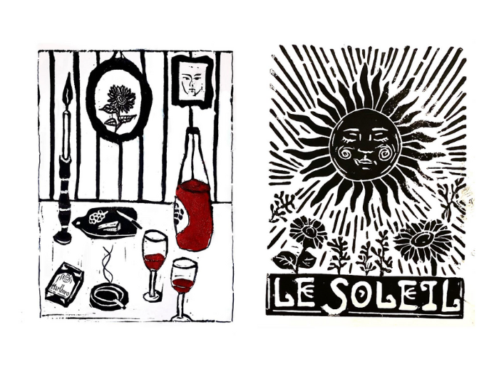 An image of 2 lino prints that John has made.