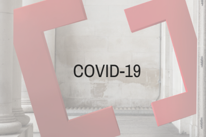 The word COVID-19 against the backdrop of Creative Cardiff logo of two large letter Cs